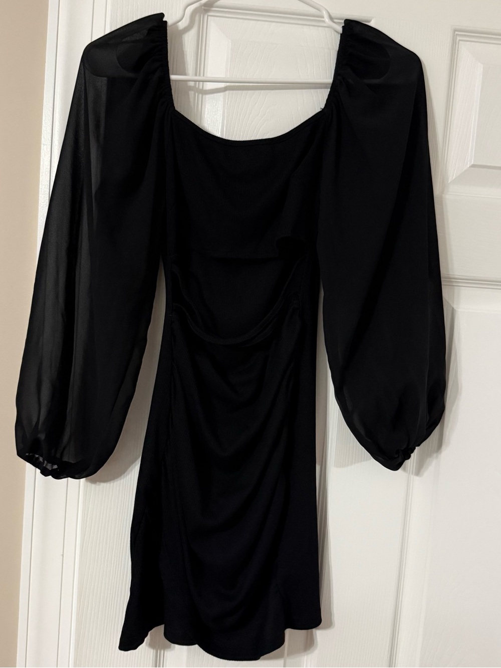 Black Puff-Sleeve Mini Dress Cut Out Back- Elegant Women's Dress - Picture 2 of 3